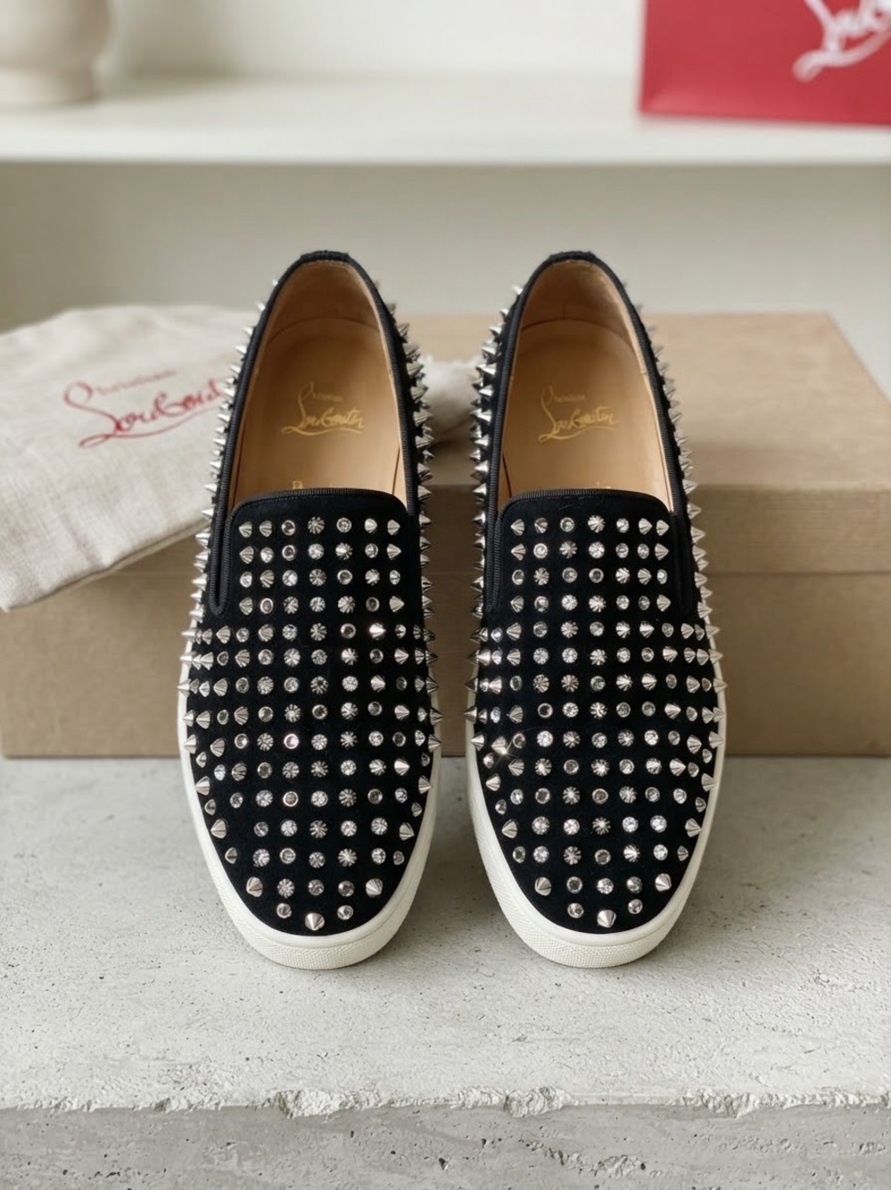 Christian Louboutin Black Studded Slip-On Sneakers with Silver Spikes